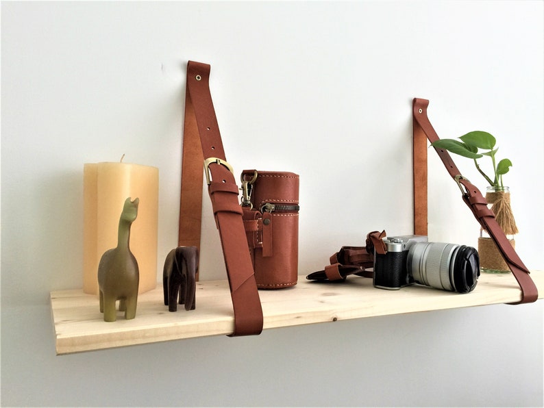 Leather Strap Wood Floating Wall Shelf // Wooden Shelves // Etsy