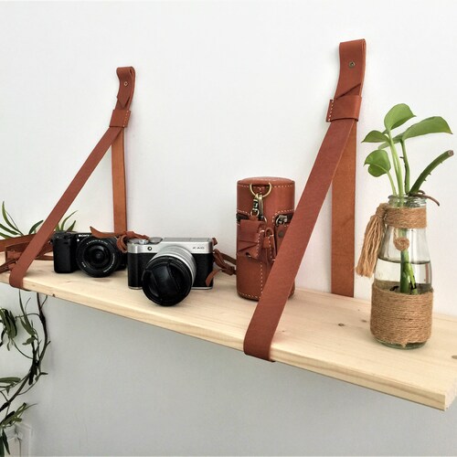 Leather Strap Wood Floating Wall Shelf // Wooden Shelves // Etsy