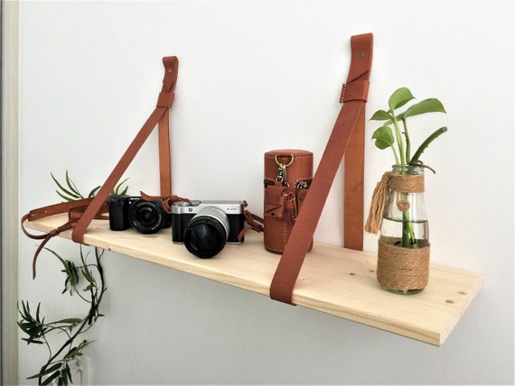 Wooden shelf with leather straps discount