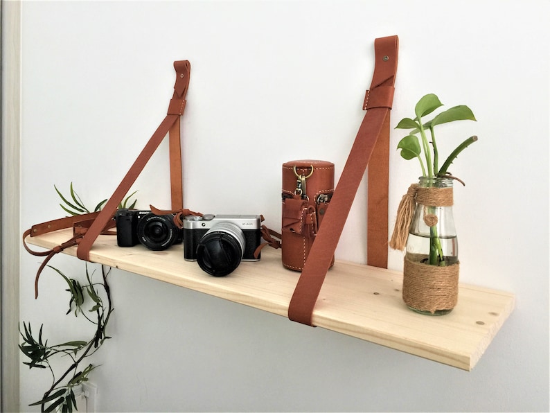 Leather Strap Wood Floating Wall Shelf // Wooden Shelves // Etsy
