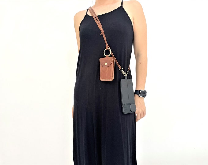 Handmade Leather Crossbody Phone Lanyard with Detachable Pouch