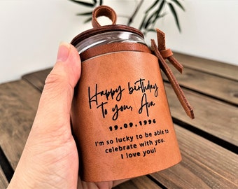 Birthday Gift Candle / Personalized Gift / Soy Candle / Scented Jar Candle / Leather Candle Holder / Candle Holder Decor Leather /