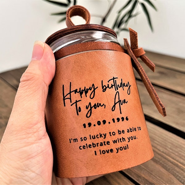 Birthday Gift Candle / Personalized Gift / Soy Candle / Scented Jar Candle / Leather Candle Holder / Candle Holder Decor Leather /