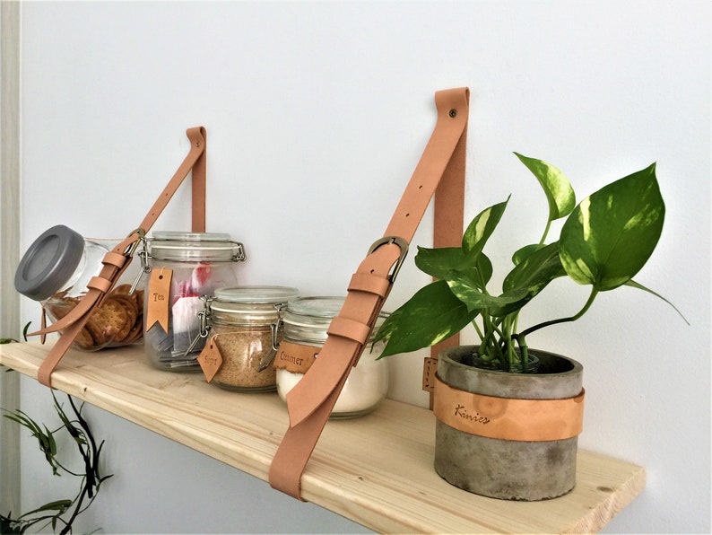 Leather Strap Wood Floating Wall Shelf // Wooden Shelves // Etsy