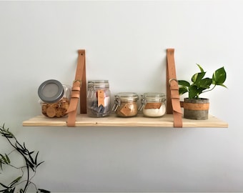 Leather Strap Wood Floating Wall Shelf, Wall Organizer