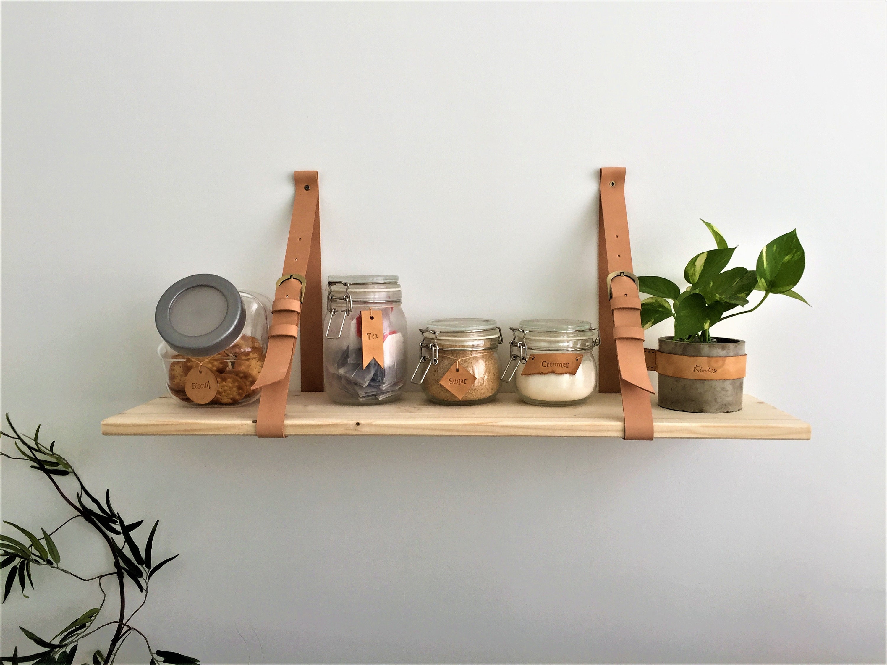 Leather Strap Wood Floating Wall Shelf // Wooden Shelves // Etsy