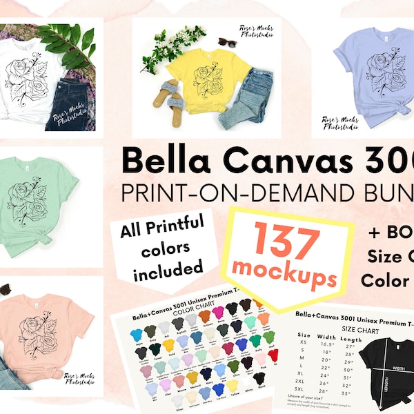Bella Canvas 3001 Mockup Bundle - Bella Canvas Printful Colors - Tshirt Mockup Bundle - Tableau des tailles - Tableau des couleurs - Maquettes de fond blanc