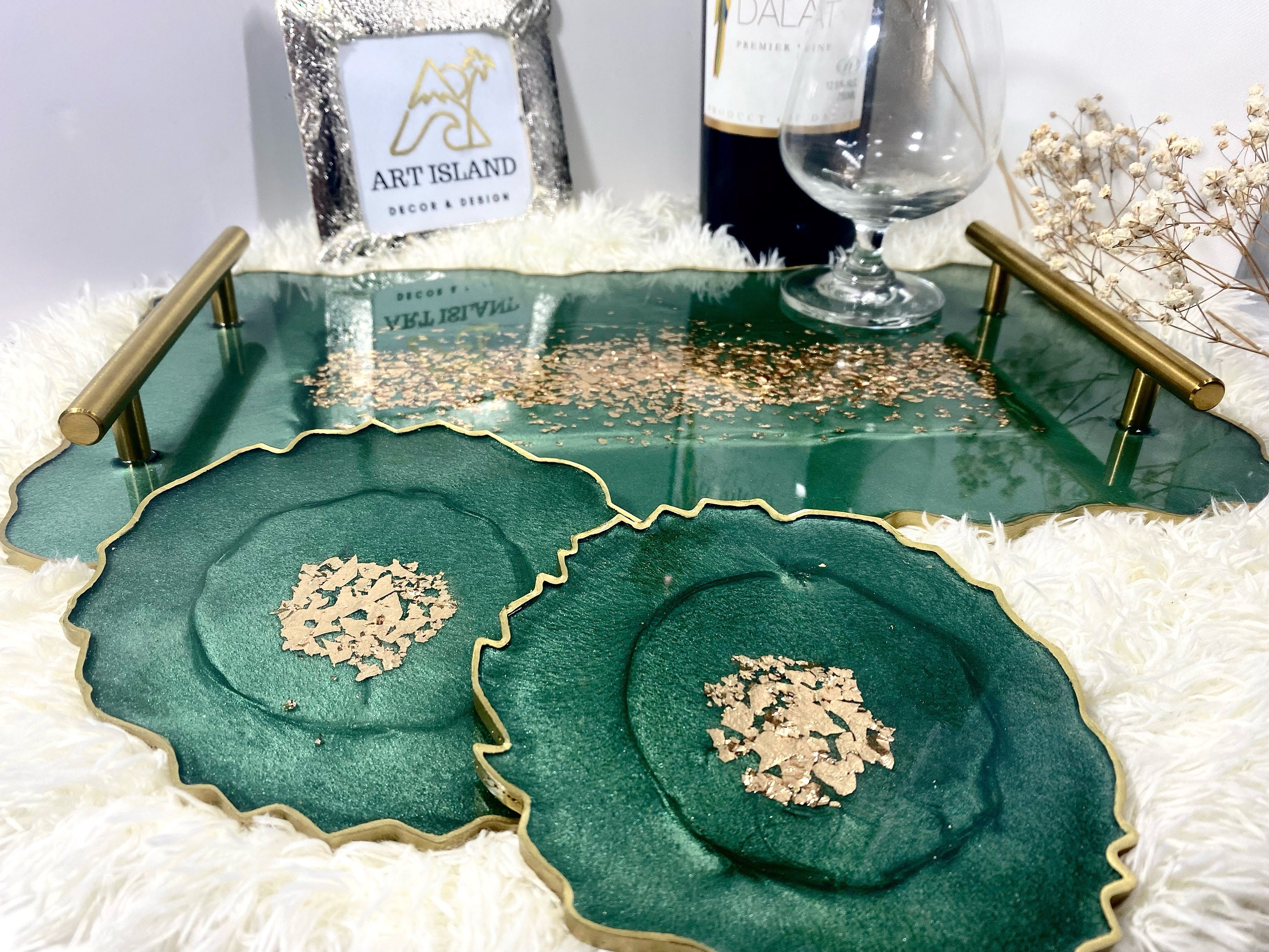 Emerald Green Coasters & Tray Gold Accents Etsy UK