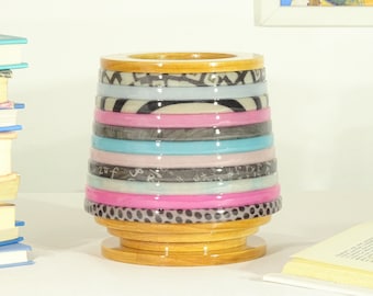 Unique small striped lamp made of resin, fabric and wood