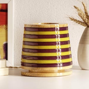 Small wood decorative lamp with striped shade, Ambient table light