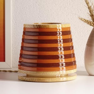 Small striped orange table lamp, Unique wood decor lighting