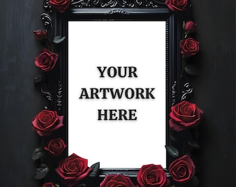Gothic Frame Mockup | Dark Academia Digital Art Display | A4 & Square PNG Photo Props | Roses Vertical Frame Template