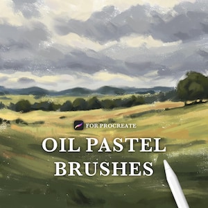 Può includere: Un'illustrazione digitale di un paesaggio con colline ondulate, un cielo nuvoloso e alberi. Il testo "OIL PASTEL BRUSHES FOR PROCREATE" è visualizzato in primo piano.
