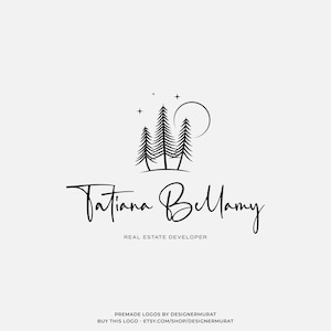 Modello di design del logo del fotografo moderno prefabbricato, logo dell'agenzia immobiliare, logo dello sviluppatore di proprietà scritto a mano, logo minimalista dell'albero di pino