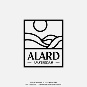 Puede incluir: Diseño de logotipo de arte de línea en blanco y negro con un sol, olas y el texto "ALARD AMSTERDAM".