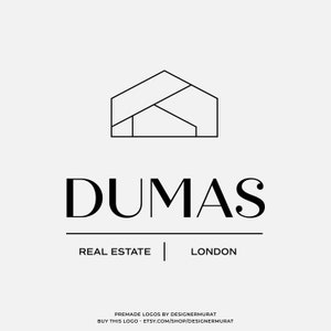 以下が含まれることがあります： DUMASという不動産会社の白黒のロゴ。ロゴはスタイリッシュな家のアイコンと「REAL ESTATE | LONDON」のテキストで構成されています。