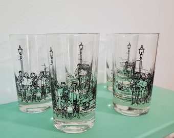 Bicchieri da succo vintage con scena del molo, set da 5