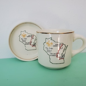Boy Scouts of America Bay-Lakes Council Camps Ceramic Mug and Saucer, Made in the USA