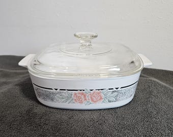 Corning Ware Silk and Roses Pattern, A-2-B 2 Liter Casserole Dish with Lid