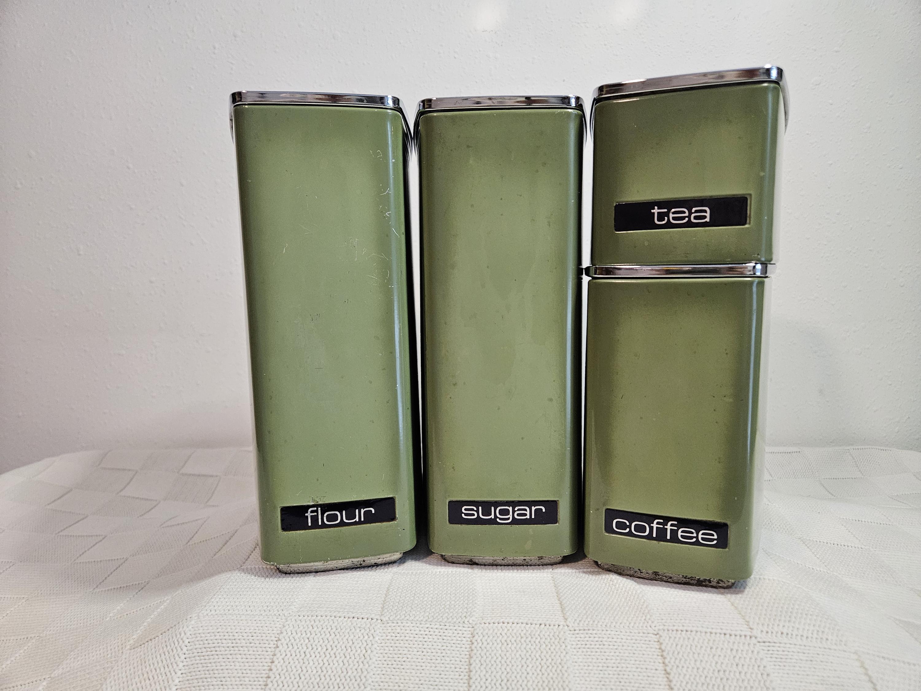 Vintage Lincoln Beauty Ware Avocado Canisters Flour, Sugar, Coffee