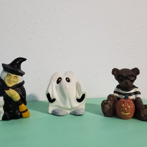Halloween Figurines, Witch & Cat, Ghost Mouse and Bear with Jack-o-lantern