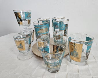 Libbey MCM Teal and 22K Gold Riverboat Bar Glasses, Set of 9
