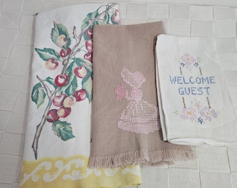 Cross Stitch Kitchen Towels & Cherry Print Towel, Vintage Kitchen Linens