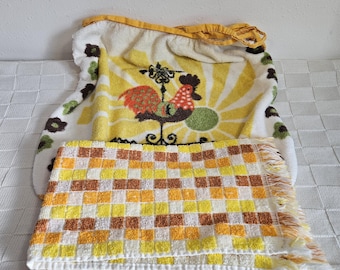 Vintage Terrycloth Rooster Sunshine Apron and Yellow Orange White Checker Kitchen Towel
