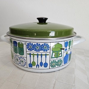 Enameled Dutch Oven  10.25&quot; Diameter with Fun Kitchen & Floral Graphics in Blue and Green, Lid Included