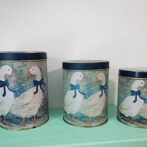 Vintage 1980s Nesting Metal Canisters: Geese with Blue Bows, Set of 3