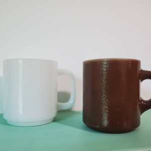 Two Milk Glass Coffee Mugs, White and Brown