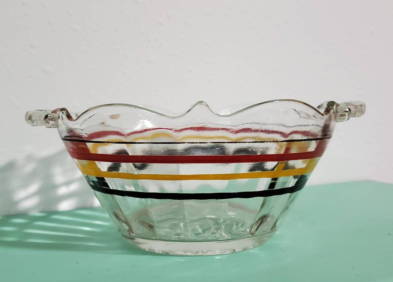 Depression Glass Bowl Set/2, Rolled Edge Ribbed Yellow Glass