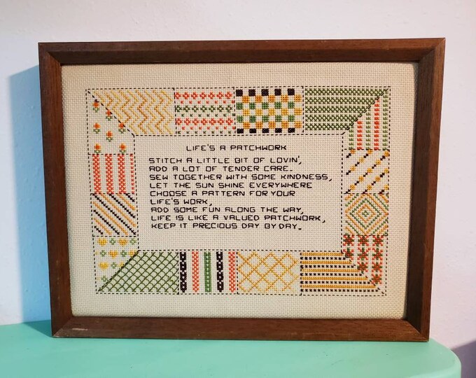 Life's a Patchwork Poem Cross Stitch Sampler From 1984, Wood Frame Etsy