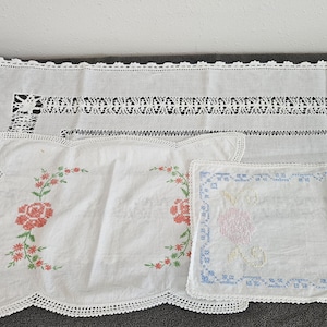 Three Vintage Cotton Table Runners with Lace Trim and Flower Embroidery