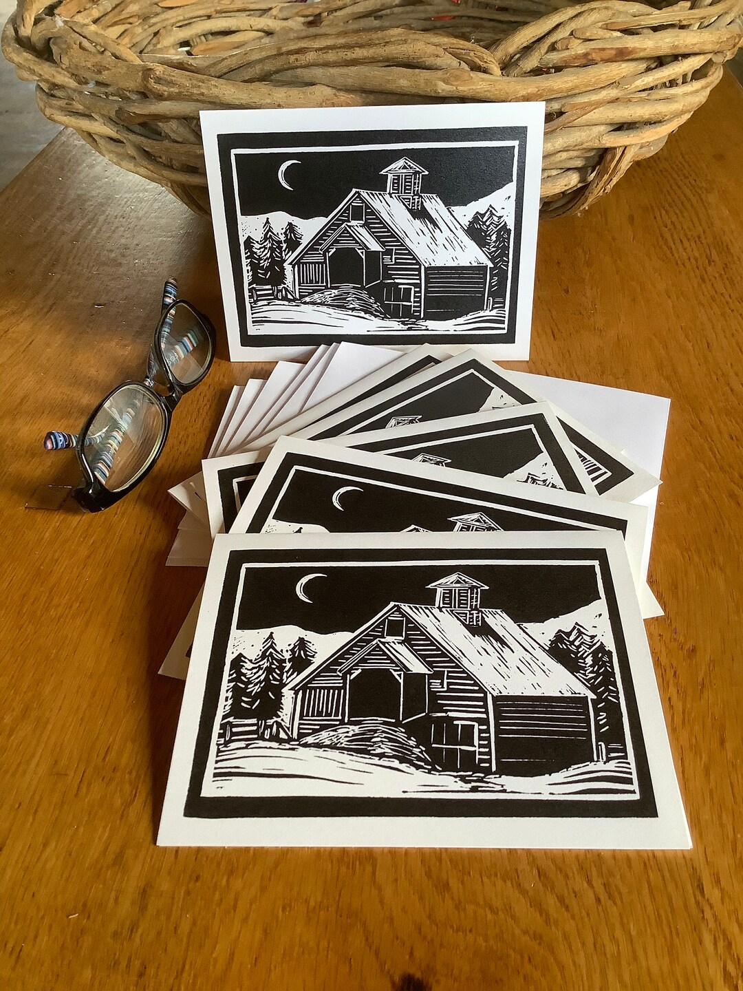 Moonlit Night Linocut Block Print, Block Print Card, Vermont Block ...