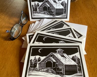 Moonlit Night Linocut Block Print, Block Print Card, Vermont Block Print Note Cards, Blank Cards, Gifts for Him, Block Print Note Cards.