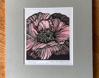 Peony Linocut Block Print, Hand Printed Block Print with Sage Green Mat.