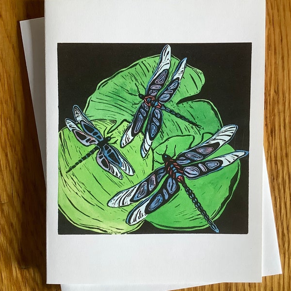 Purple Dragonfly Block Print Note Cards, Blank Note Cards, Dragonfly Linocut Note Cards.