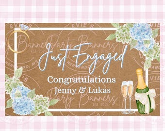 Plantilla/maqueta digital de banner de compromiso con elegante diseño de hortensias / Canva / Hortensias / Champán / Comprometidos