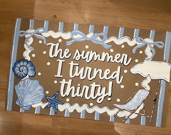 Sommaren jag fyllde trettio-tema födelsedagsbanderoll/strand/handmålad banderoll/brunt pappersbanderoll/trettio/festbanderoll/födelsedag/ränder