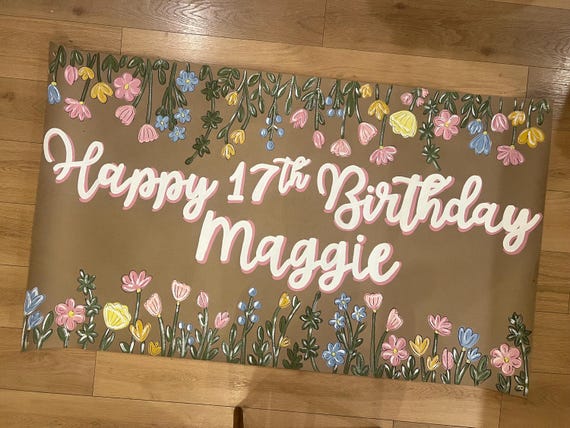 Floral Birthday Banner / Hand painted Banner / Brown Paper Banner / Flowers / Party Banner / Birthday / Custom