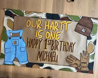 Our Hartt Is One verjaardagsbanner / jongen / handgeschilderde spandoek / bruine papieren spandoek / camouflage / feestbanner / custom / Carhartt-geïnspireerd