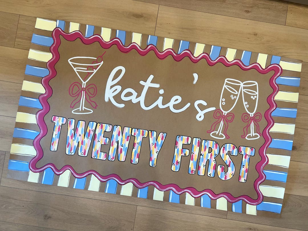 Twenty First Banner Colorful Twenty First Birthday Banner / Champagne Glass/ Hand Painted ...