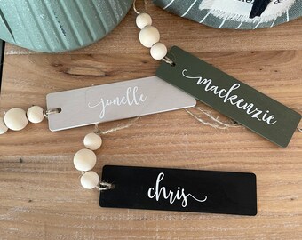 Personalized reusable gift tags, stocking name tags, farmhouse style, green, tan, and black