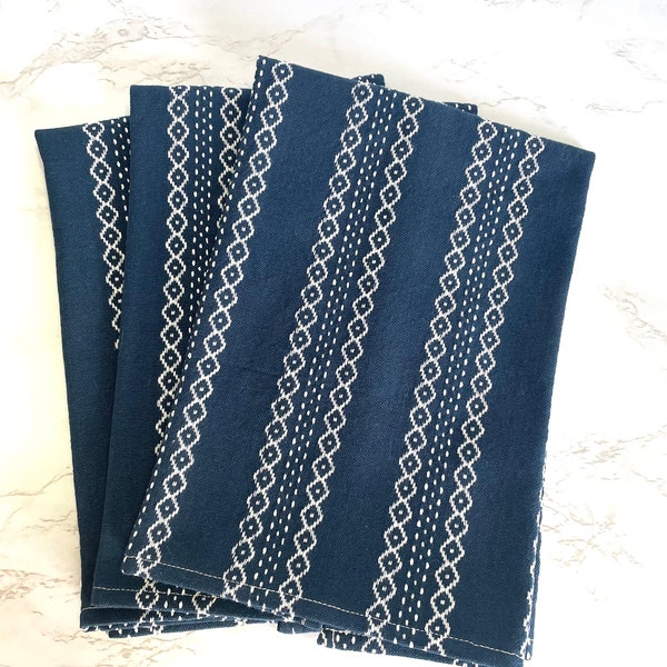 Handmade tea towels, navy and white design, cotton fabric