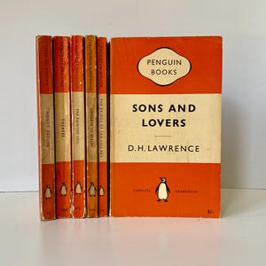 Orange Penguin Paperbacks Vintage Books - 6 Original Early Penguin Books - Goodbye Berlin - Sons Lovers - Painted veil - Before Lunch