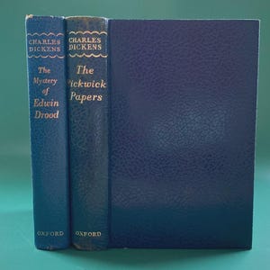 2 Matching Charles Dickens - The Pickwick Papers - Mystery of Edwin Drood - Illustrated Oxford Classics Blue Morocco Binding Decorative Book