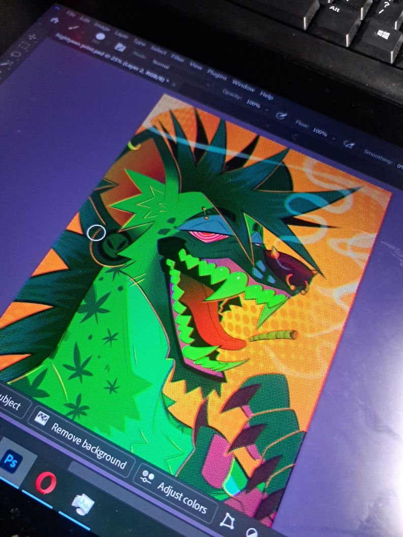 May include: Digital artwork of a green and orange creature with a joint in its mouth. The creature has sharp teeth and is surrounded by a yellow and orange background. The artwork is displayed on a tablet with the Photoshop interface visible.