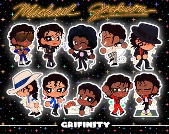 May include: A collection of ten chibi-style stickers featuring Michael Jackson in various iconic outfits and poses, set against a black background with colorful stars. The text Michael Jackson appears at the top and Grifinity at the bottom.