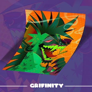 May include: A colorful illustration of a green monster with sharp teeth and red eyes, smoking a cigarette. The artwork features an orange and green color scheme with cannabis leaf details. The word "GRIFINITY" is written at the bottom.